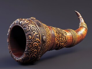 Ornate carved horn cup on a grey background.