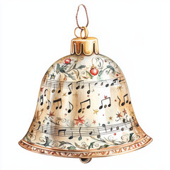 decorative bell with musical notes and floral patterns, perfect for holiday decor. intricate design features gold accents and festive feel
