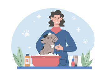 Woman wash dog. Young girl washes puppy in basin with soapy water. Cleanliness and hygiene. Owner takes care of pet. Flat vector illustration isolated on white background