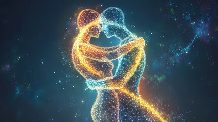 Quantum entangled twin souls in cosmic embrace of spiritual connection. Enigma. Illustration
