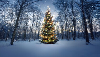 Obraz premium Majestic outdoor Christmas tree with twinkling lights in a snowy forest, peaceful and serene