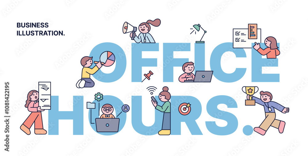Canvas Prints office hours. small, cute office workers are working around large letters. cuttiny character with ou
