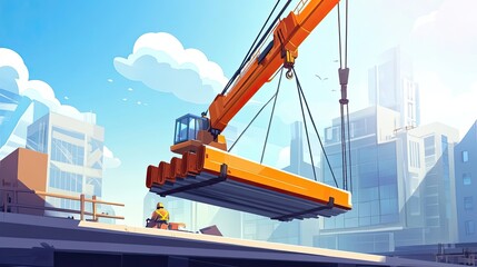 Fototapeta premium Construction Crane Lifting Steel Beams Over a Cityscape