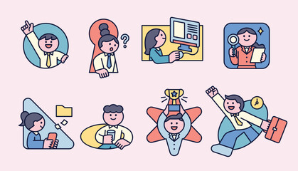 Cute office worker characters in various shaped frames. Cuttiny character with outline.