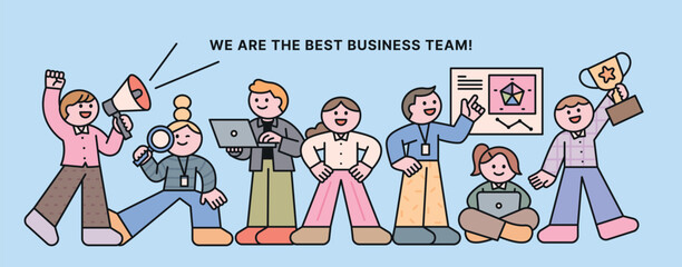 A composition of people standing in a row in an office, expressing their opinions, showing confidence in their success, and working. Cuttiny character with outline.