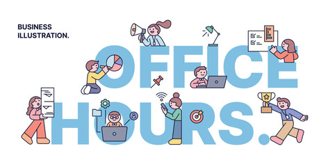 Office hours. Small, cute office workers are working around large letters. Cuttiny character with outline.