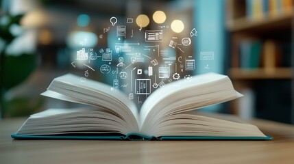 Fototapeta premium An open book releasing digital icons and symbols, representing the fusion of traditional reading with modern technology and information.