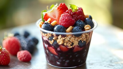 AÃ§aÃ­ bowl topped with fresh fruit, nuts, and granola.