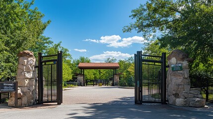 A grand zoo entrance with tall gates, showcasing an inviting and impressive entryway. The gates are adorned with intricate designs, welcoming visitors to explore the wildlife and exhibits within. 