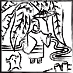 筆書き正方形シンプル花札　霜月　栃　11月　小野道風　栃に小野道風