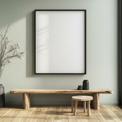 Modern black picture frame on a light green rustic wall. Below is a Scandinavian-style wooden table, with warm lighting enhancing the inviting ambiance.