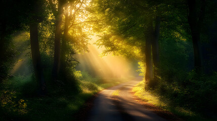 Obraz premium Sunbeams Illuminate Forest Path: A Magical, Golden Hour Nature Scene