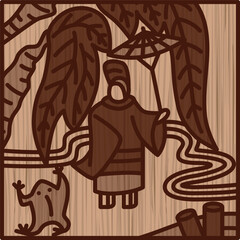 木彫り正方形シンプル花札　霜月　栃　11月　小野道風　栃に小野道風