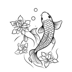 Obraz premium Elegant line art of two koi fish facing each other with bubbles. Japanese culture concept. 
