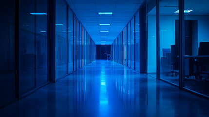 Empty Office Corridor at Night, Illuminated by Blue Light, Reflecting on Polished Floor, Modern Glass Walls, Deserted Workspace