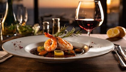 Elegant Restaurant Dinner Scene With a Gourmet Seafood Dish, Served With Fresh Herbs, Spices, and Wine Pairings for a Luxurious Fine Dining Experience
