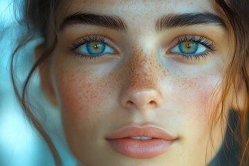 Fototapeta premium Closeup portrait of a beautiful young woman with blue eyes and freckles. 