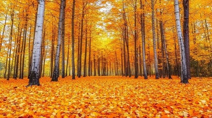 Golden Autumn Forest with Fallen Leaves