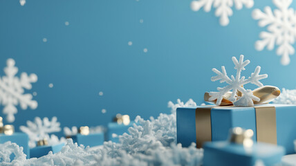 Gift box in the middle of 3D snowflakes, background with copy space, a merry Christmas, winter or wintry theme