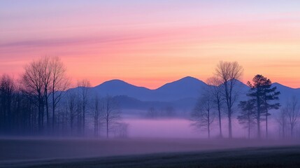Naklejka premium A serene and gentle sunrise over the horizon, bathed in soft pastel tones. The image captures a tranquil morning atmosphere with hues of pink, lavender, and light blue blending smoothly in the sky. Th