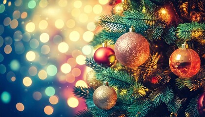 Christmas Tree With Baubles And Blurred Shiny Lights; winter background; macro; colorful ton