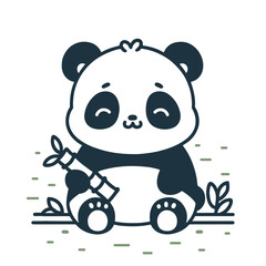 Naklejka premium Panda sitting holding bamboo shoot adorable children coloring book style vector illustration