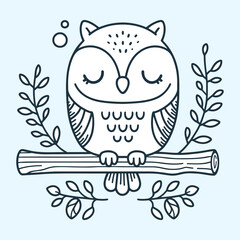 Owl sleepingon a branch, simple children coloring book style vector illustration