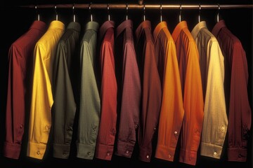 A row of shirts hanging on a rack, with the colors ranging from yellow to red