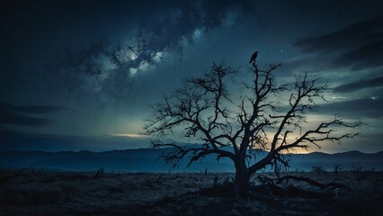 Fototapeta premium a bird perched on a dry tree at night