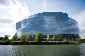 Modern Glass Building Reflecting Sky by Water – Urban Architecture and Innovation