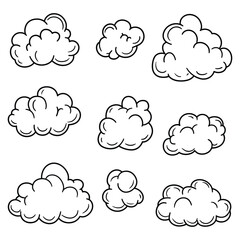 Set of Hand-Drawn Fluffy Clouds in Black and White