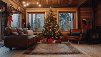 Fototapeta premium Decorated Christmas tree on a glamorous background inside a rustic wooden house 