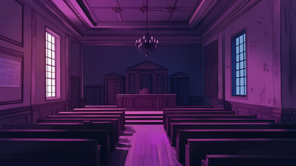 The interior of a vintage courtroom with a judge's bench, jury box, and empty pews. Regal. Illustration