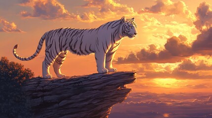A majestic white tiger stands on a cliff overlooking a stunning sunset.