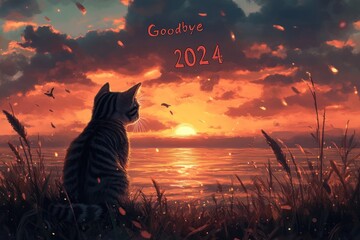 A cat sits on the edge of a field, gazing at a vibrant sunset with the words "Goodbye 2024" floating in the sky.