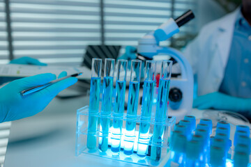 a scientist and his assistant are working together in the laboratory with a lot of science equipments such as microscope, test tube, beaker, pipette, two scientists work in the workplace