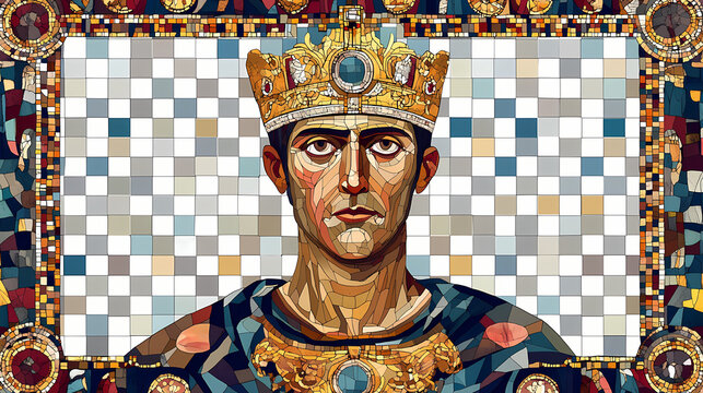 Vibrant byzantine art mosaic of justinian i, isolated on a transparent background, showcasing intricate gold and glass tiles, ornate borders, and regal imperial symbols. Regal. Illustration