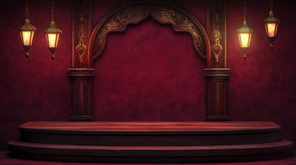 Winner award podium background showcasing a wooden podium with carved details, set against a rich burgundy backdrop with hanging lanterns, evoking a classic and regal feel. Regal. Illustration