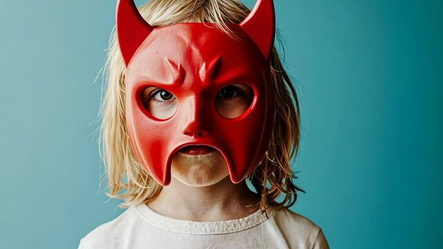 A child wears a red devil mask in front of a blue background