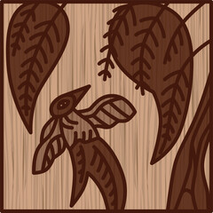 木彫り正方形シンプル花札　霜月　栃　燕　11月　栃に燕