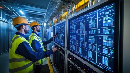 Smart Grids and Sustainable Energy Storage, Engineers inspecting battery storage units in a facility, with digital monitors displaying real-time data from a smart grid