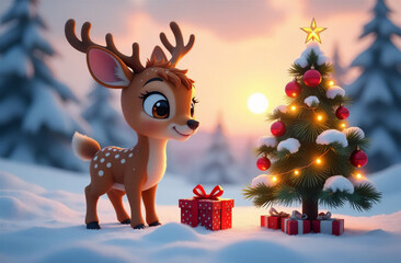 Fototapeta premium Young Christmas Deer card. New Year's card