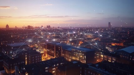 Fototapeta premium Smart Grids and Sustainable Energy Storage, A cityscape at dusk with smart grid connections illustrated across buildings, connected to energy storage facilities for sustainable power