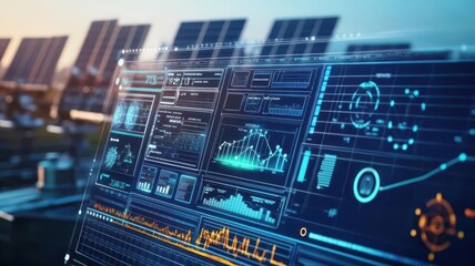 Smart Grids and Sustainable Energy Storage, A digital interface displaying real-time energy data on a smart grid network, with batteries and solar panels in the background representing energy storage