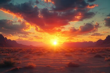 Fototapeta premium A vibrant sunset paints the sky with fiery hues, casting long shadows across a desert landscape. The sun dips below the horizon,