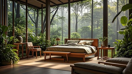 Fototapeta premium Charming bedroom with breathtaking forest view. Wake up to the sights and sounds of nature, offering a serene escape and a peaceful atmosphere for relaxation