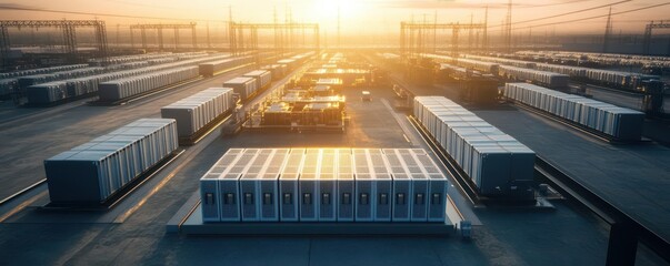 Smart Grids and Sustainable Energy Storage, A massive energy storage installation featuring rows of high-capacity batteries, stabilizing the smart grid for renewable energy sources