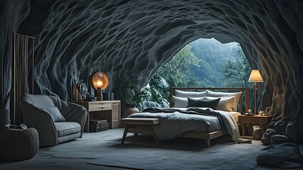 A unique bedroom set inside a mountain cave, blending natural rock formations with cozy interiors. Experience a tranquil and adventurous retreat with stunning views from the cave's entrance