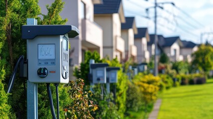 Smart Grids and Sustainable Energy Storage, A residential neighborhood with smart meters and home energy storage systems, all connected to a smart grid for efficient power management