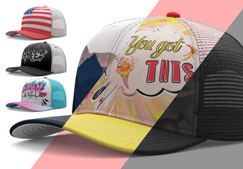 6-Panel Trucker Hat Mockup PSD – Realistic Photoshop Template with Customizable Object Layer for Cap and Apparel Design
